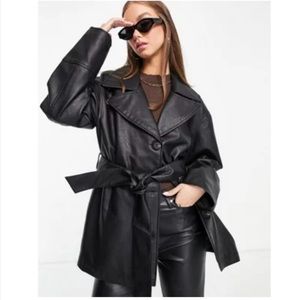Faux leather pu belted trench in black